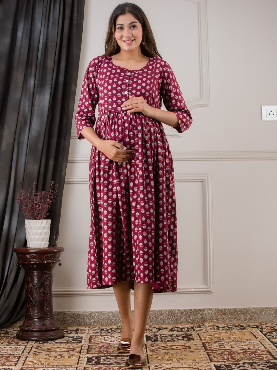 Henal Ethnic Motifs Printed Cotton Maternity Fit and Flare Ethnic Dresses, Maroon