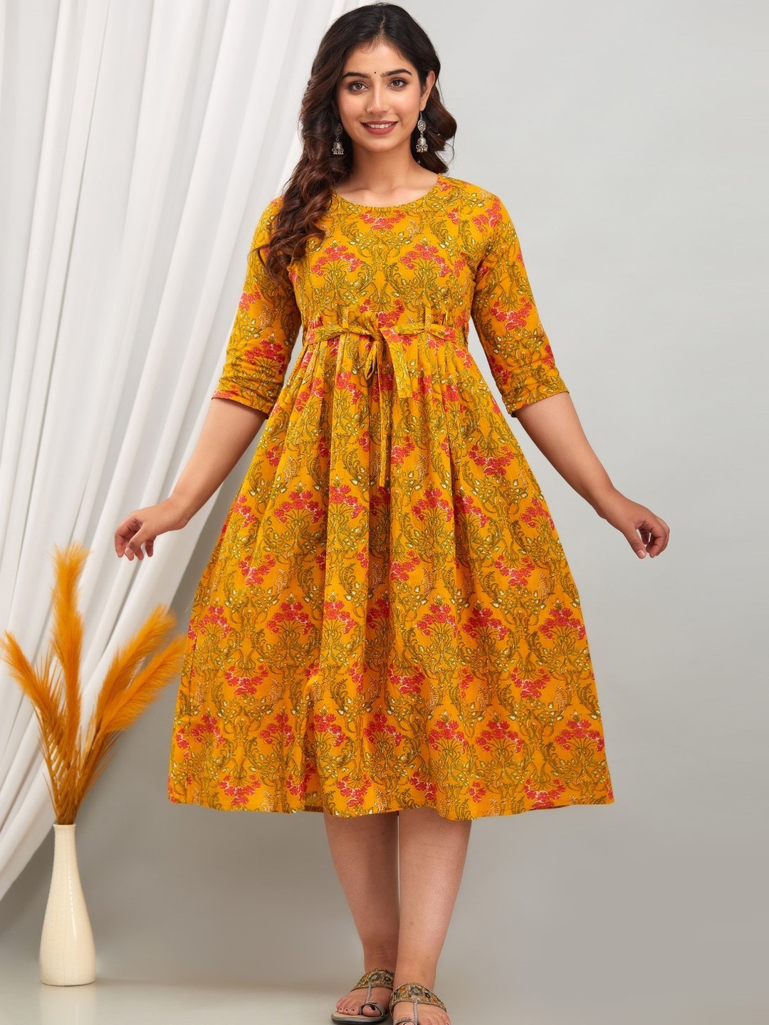

Henal Ethnic Motifs Printed Cotton Maternity Fit and Flare Ethnic Dresses, Yellow