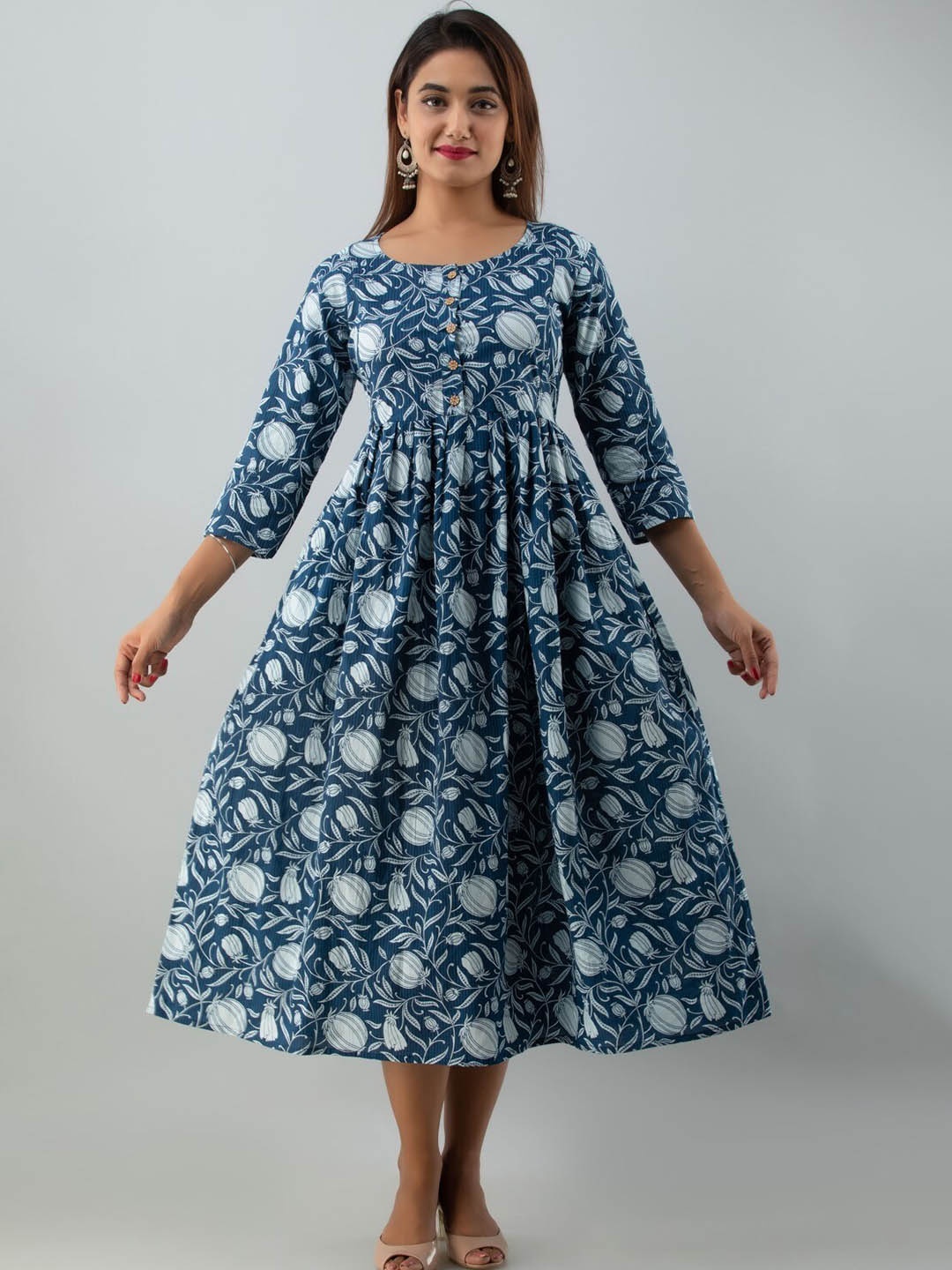 

Henal Floral Printed Cotton Maternity Fit and Flare Ethnic Dresses, Blue