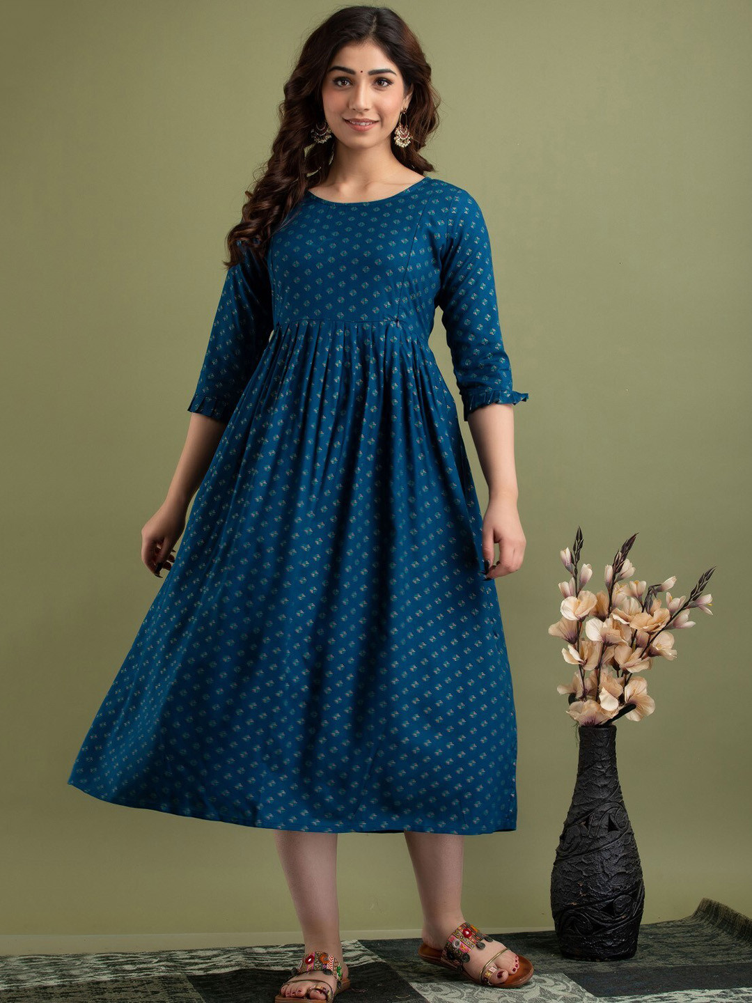 

Henal Ethnic Motifs Printed Cotton Maternity Fit and Flare Ethnic Dresses, Teal