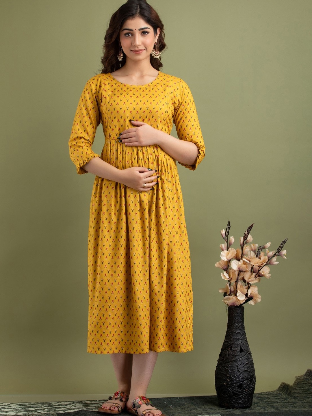 

Henal Ethnic Motifs Printed Cotton Maternity Fit and Flare Ethnic Dresses, Mustard