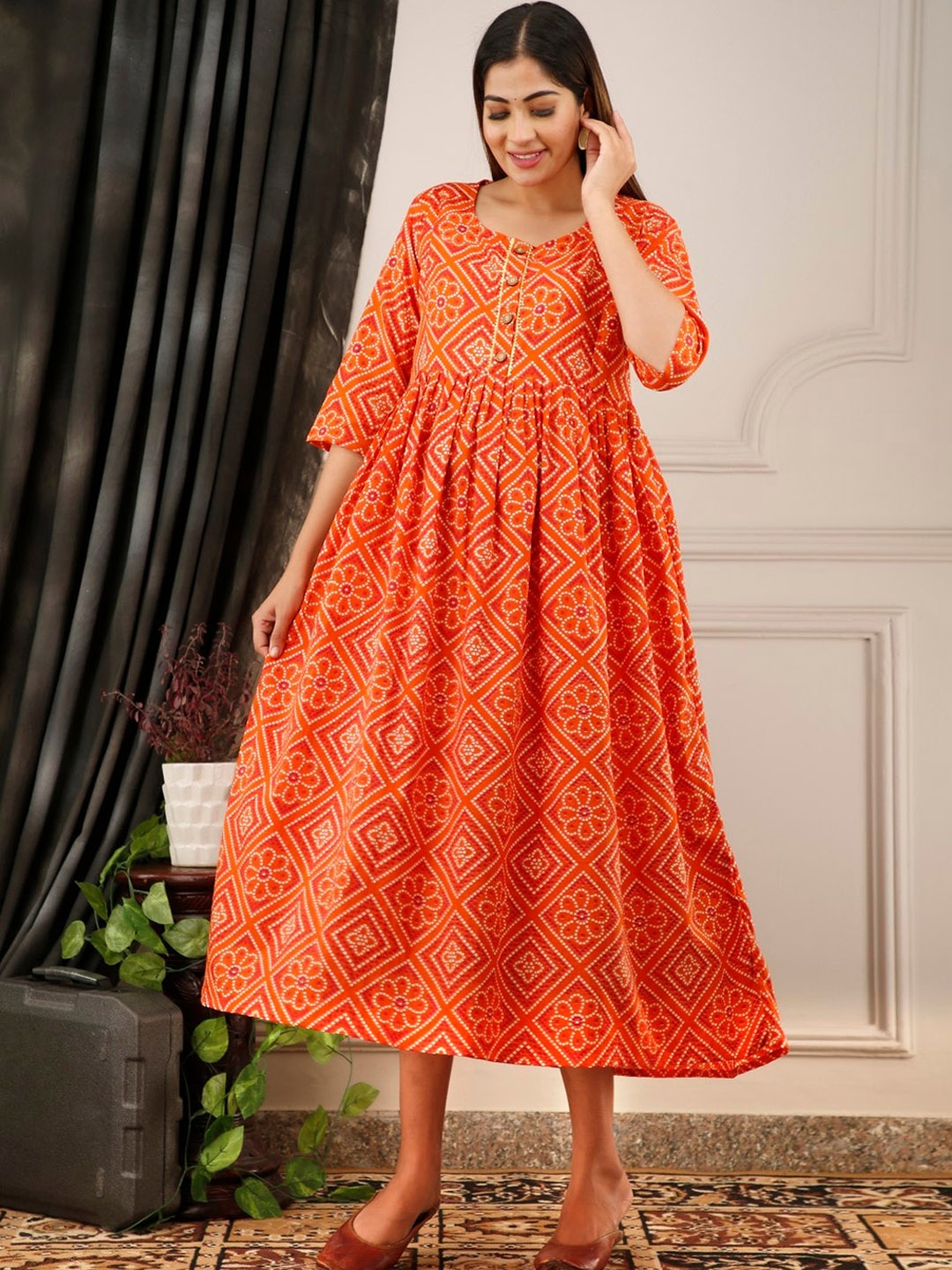 

Henal Ethnic Motifs Printed Gotta Patti Cotton Maternity Fit and Flare Ethnic Dresses, Orange