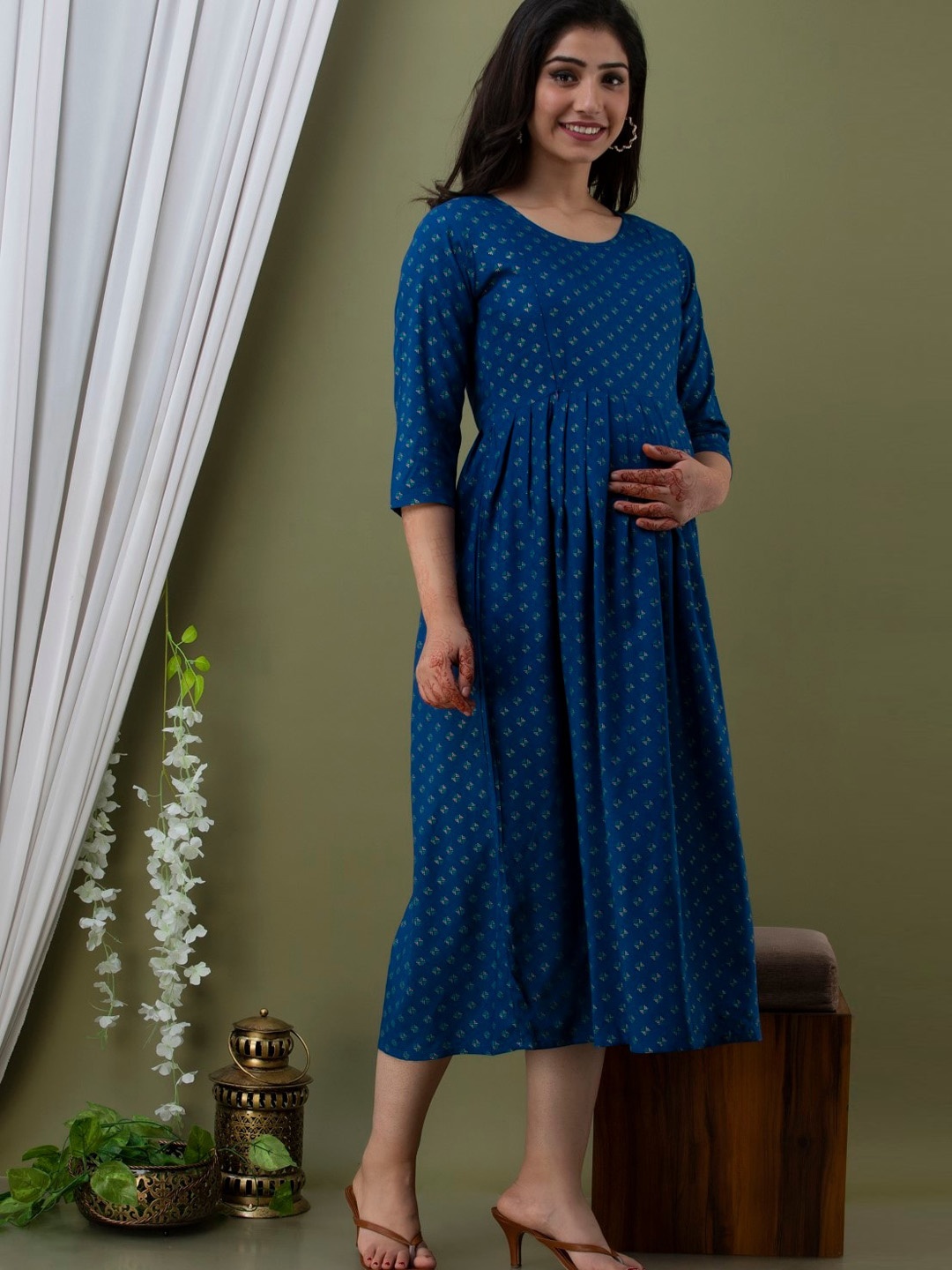 

Henal Ethnic Motifs Printed Maternity A-Line Ethnic Dress, Blue