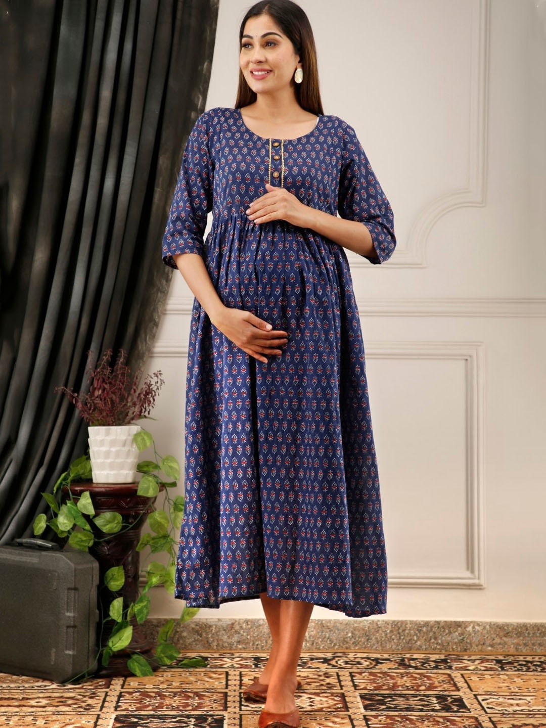 

Henal Floral Printed Maternity A-Line Ethnic Dress, Blue