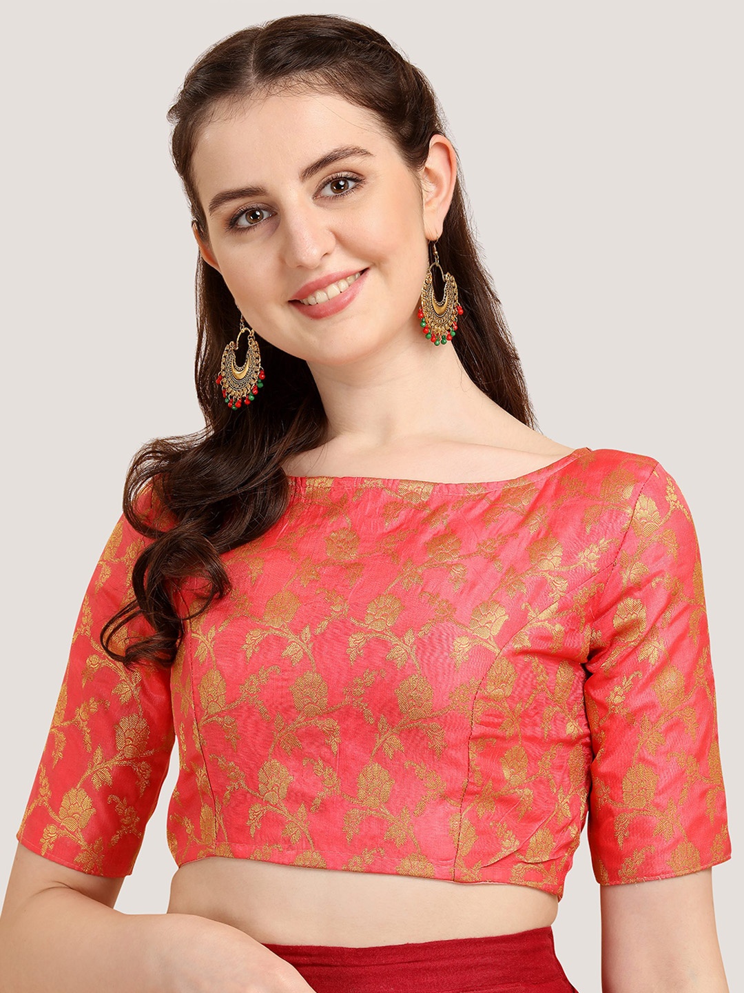 

Oomph! Woven Design Boat Neck Saree Blouse, Pink