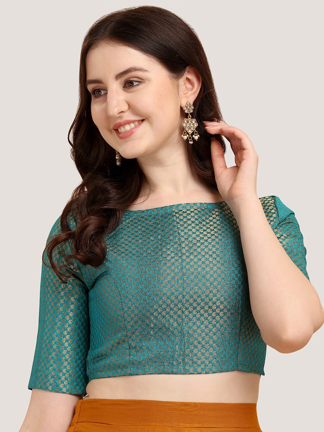 

Oomph! Woven Design Boat Neck Saree Blouse, Blue