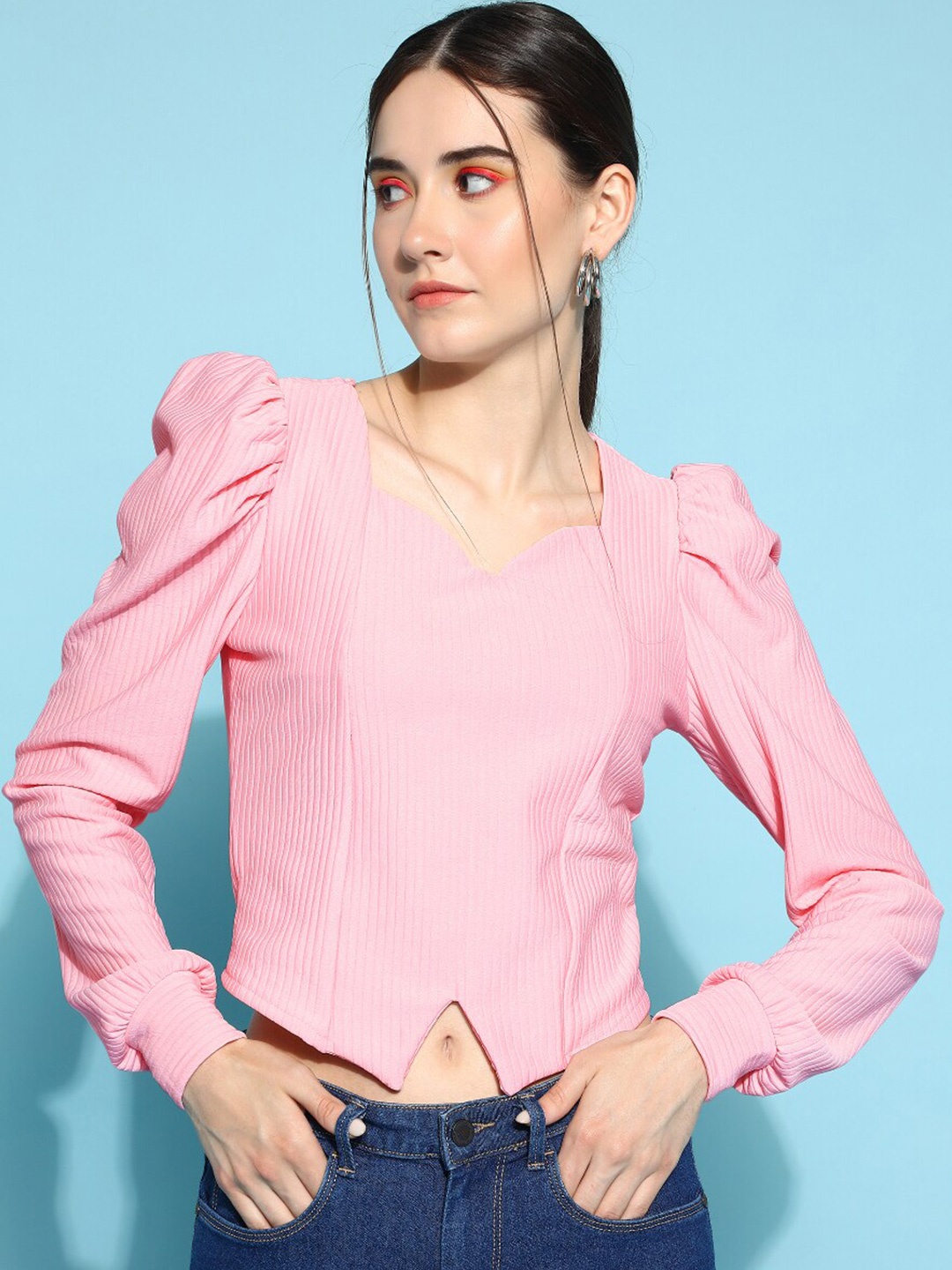 

WESTHOOD Sweetheart Neck Puff Sleeve Crop Top, Pink