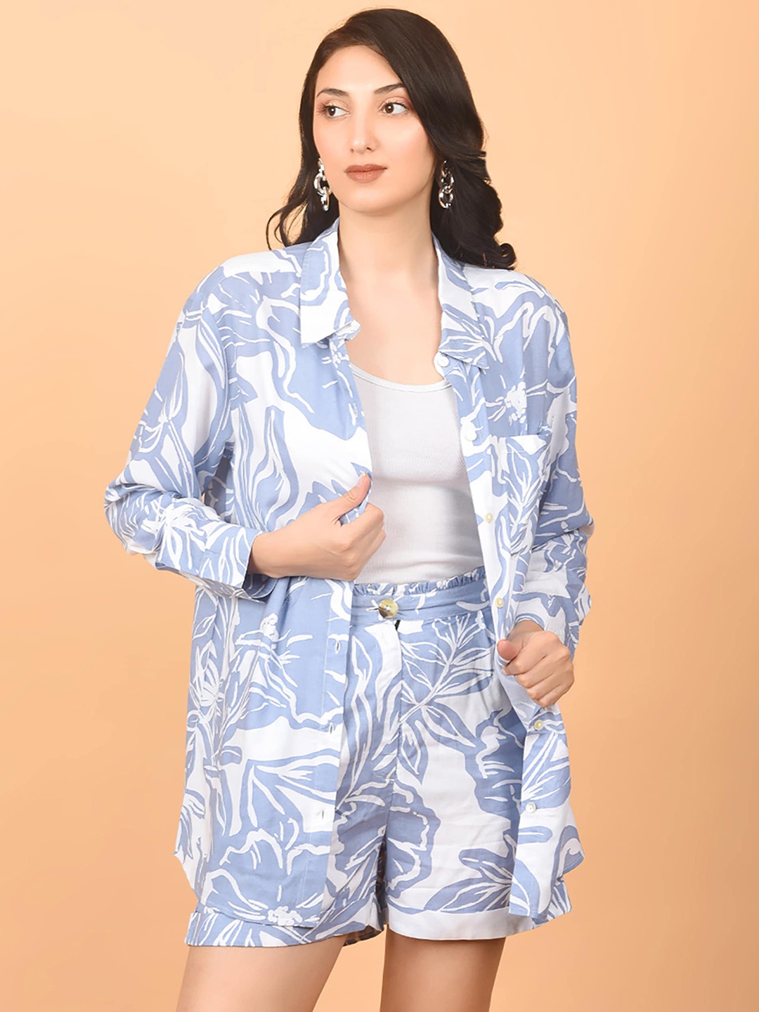 

FLAWLESS Floral Printed Shirt Collar Shirt With Shorts, Blue