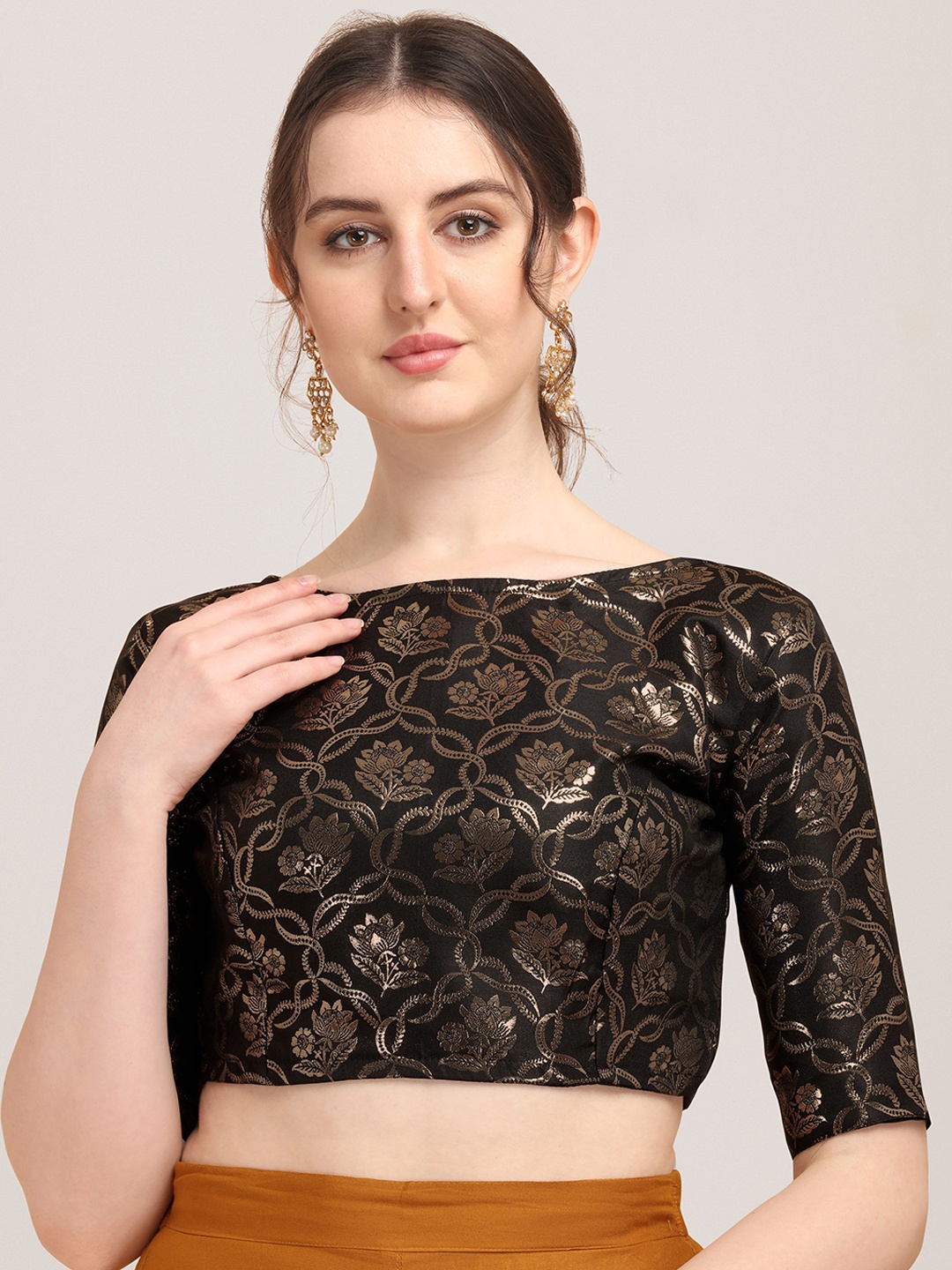 

Oomph! Woven Design Boat Neck Zari Saree Blouse, Black