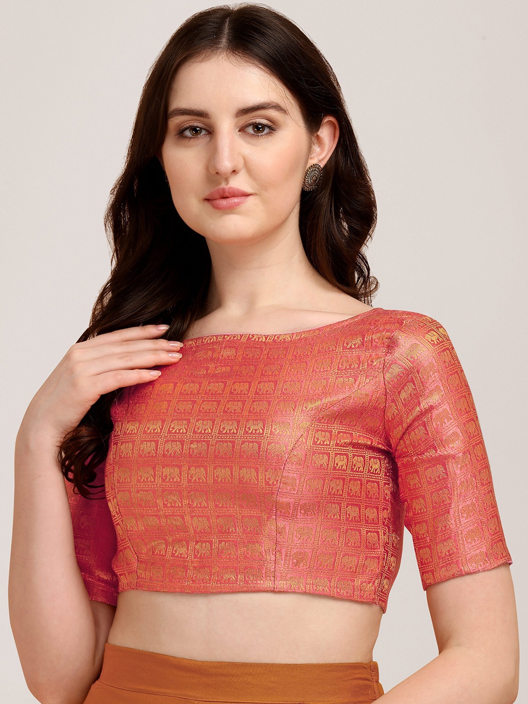 

Oomph! Woven Design Boat Neck Zari Saree Blouse, Pink