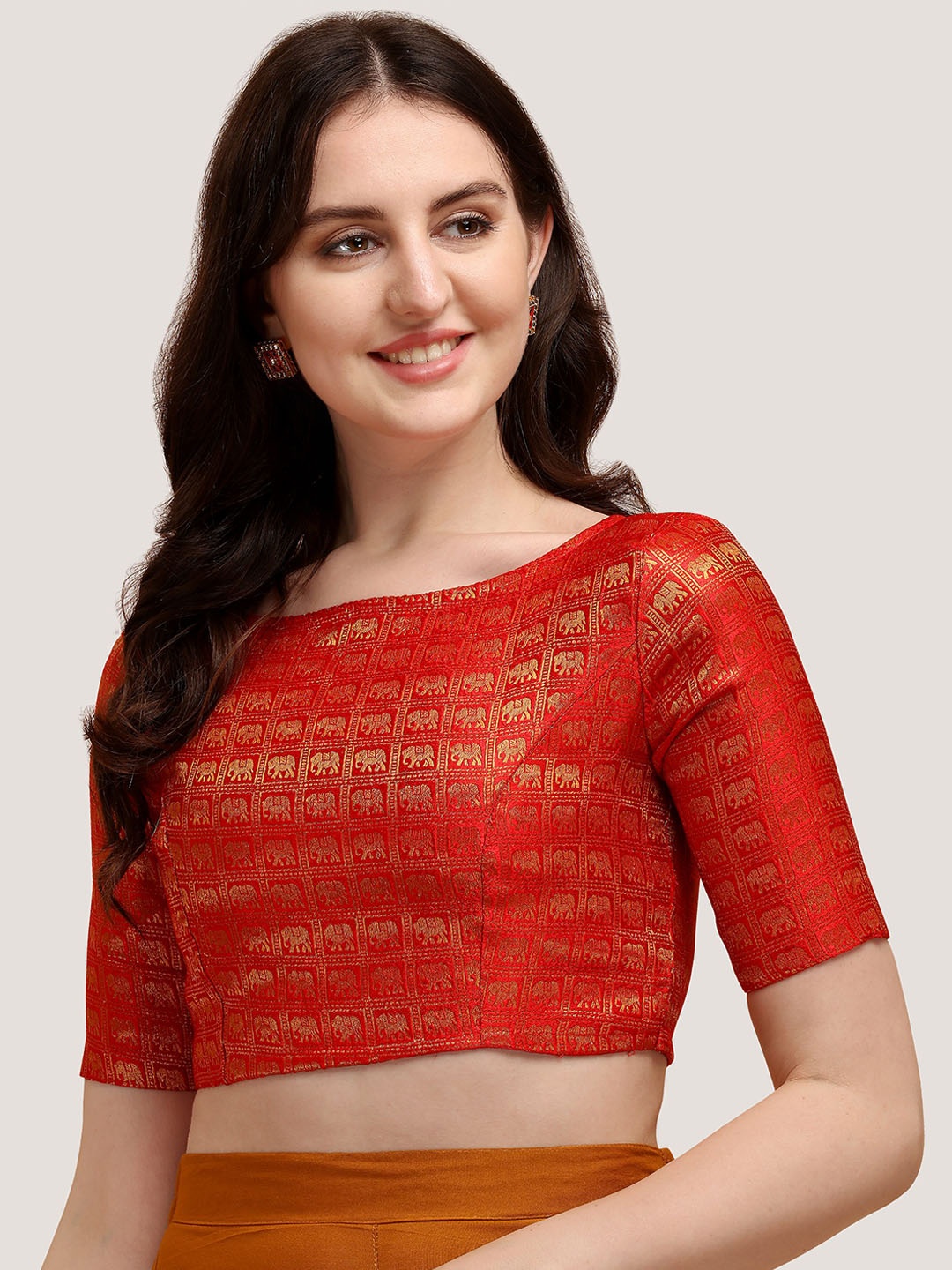 

Oomph! Woven Design Boat Neck Short Sleeve Art Silk Saree Blouse, Red
