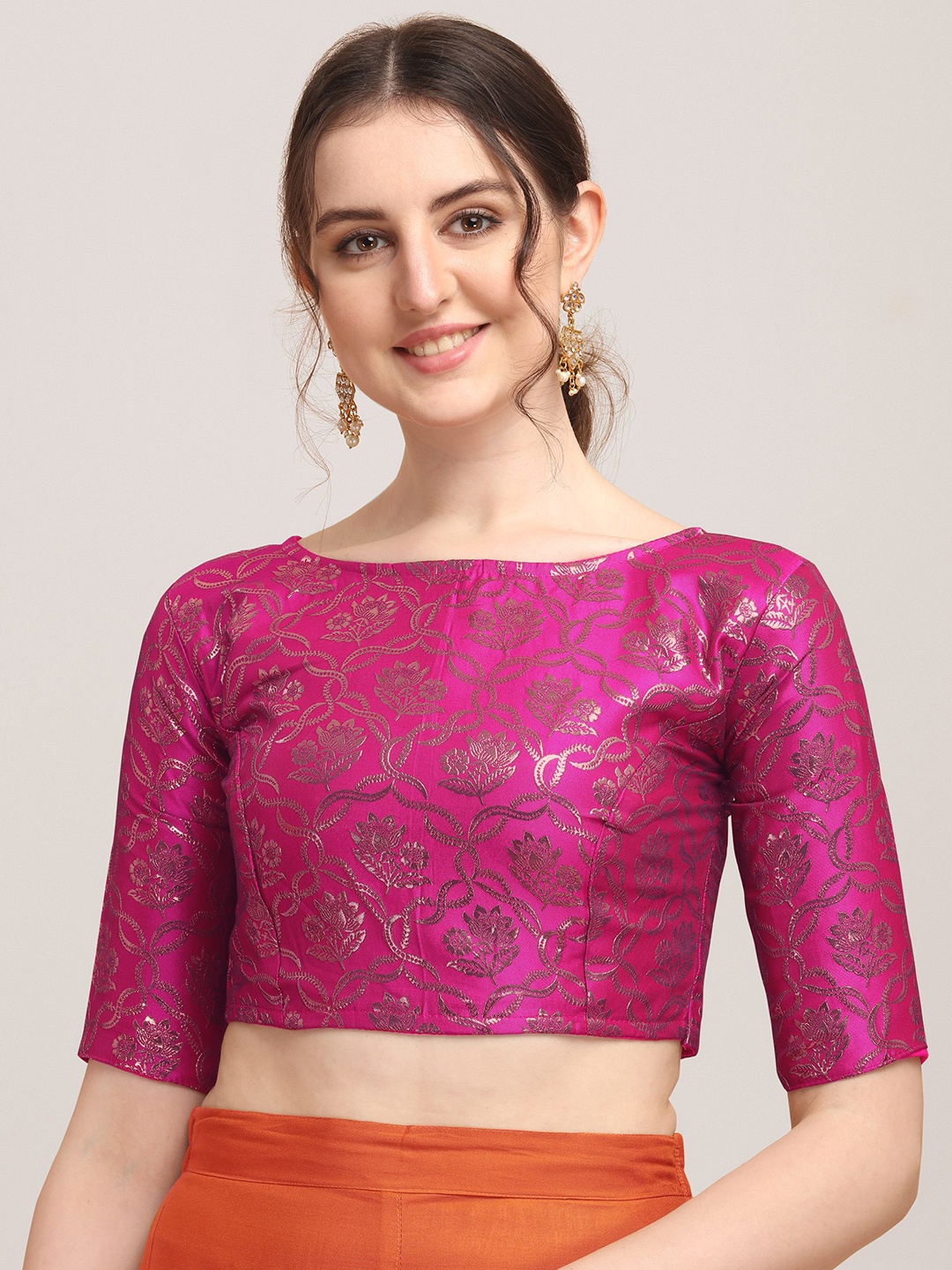 

Oomph! Woven Design Boat Neck Short Sleeve Art Silk Saree Blouse, Pink