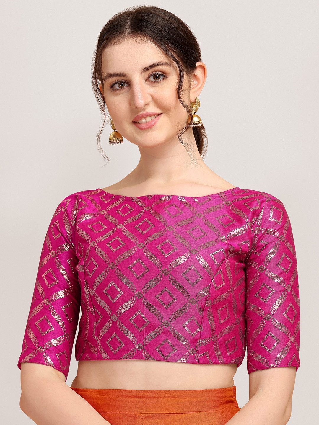 

Oomph! Woven Design Boat Neck Short Sleeve Art Silk Saree Blouse, Fuchsia