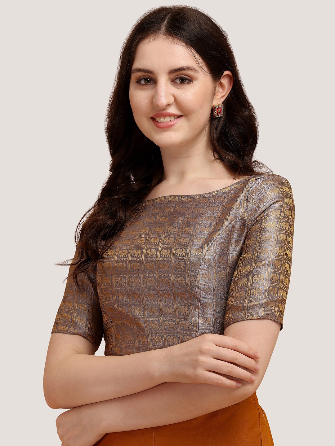 

Oomph! Woven Design Boat Neck Short Sleeve Art Silk Saree Blouse, Grey