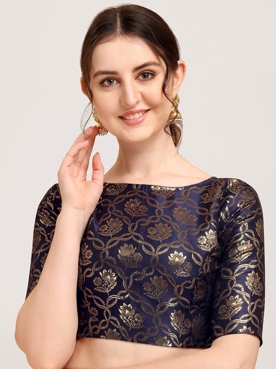 

Oomph! Woven Design Boat Neck Saree Blouse, Navy blue