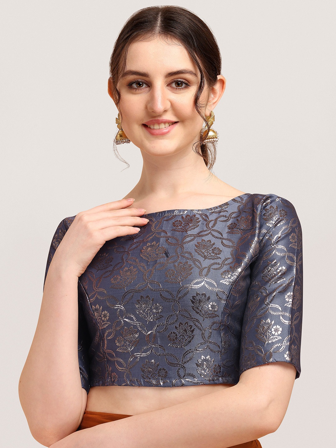 

Oomph! Woven Design Boat Neck Short Sleeve Art Silk Saree Blouse, Blue