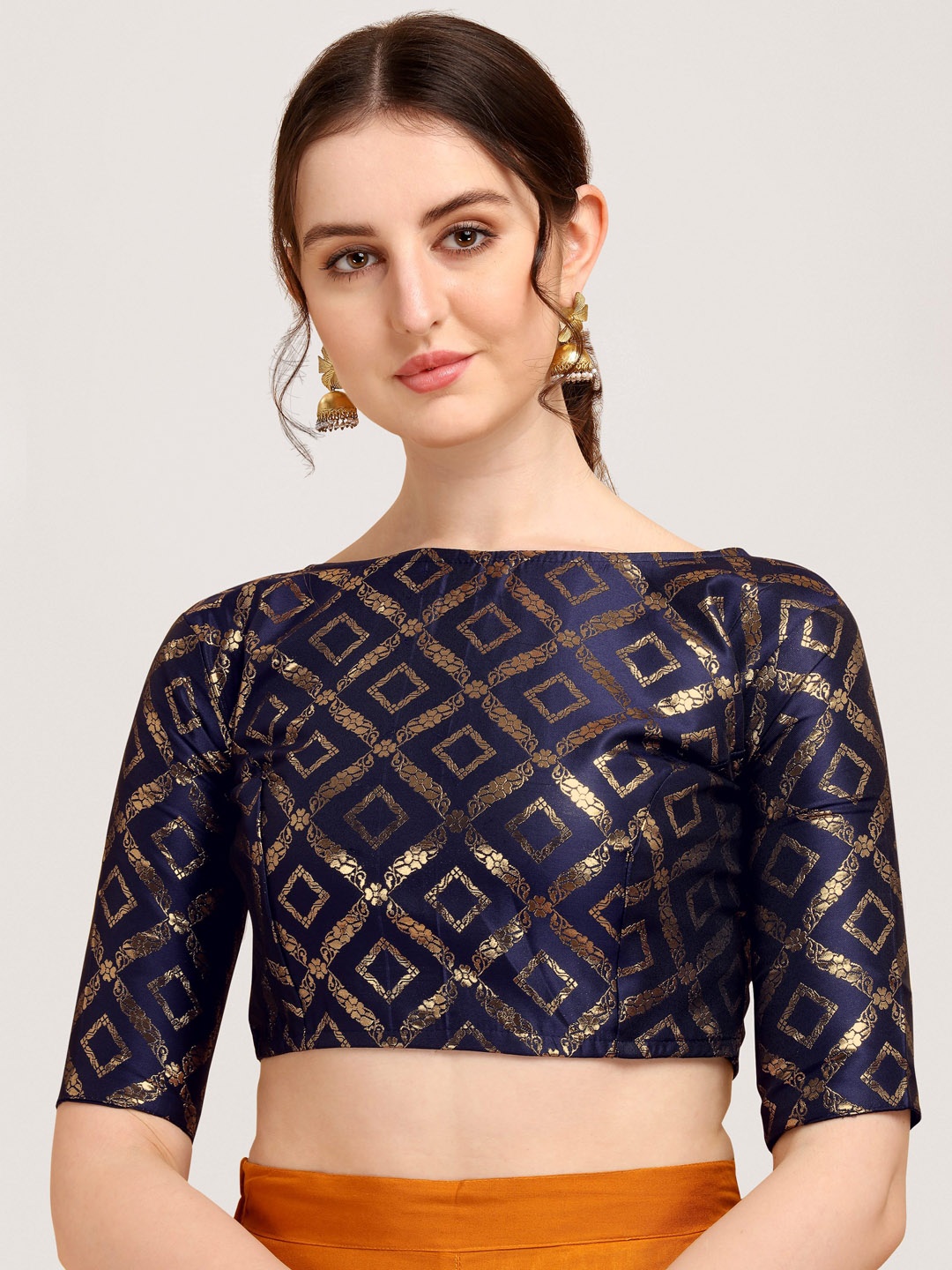 

Oomph! Woven Design Boat Neck Saree Blouse, Navy blue