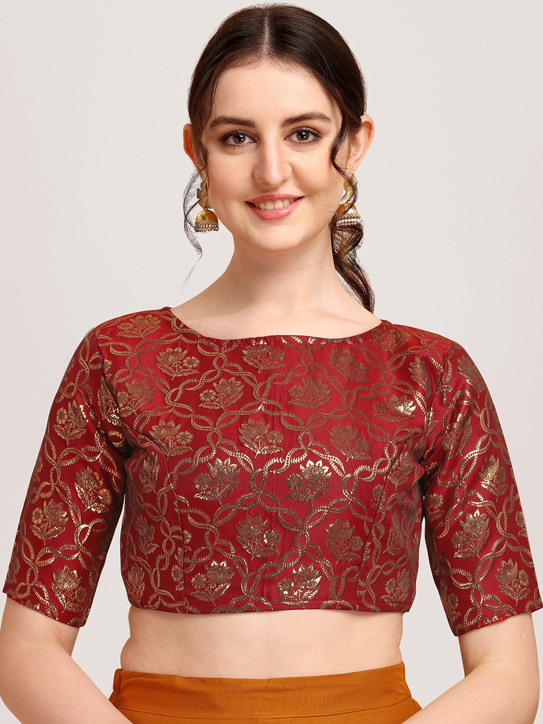 

Oomph! Woven Design Boat Neck Saree Blouse, Red