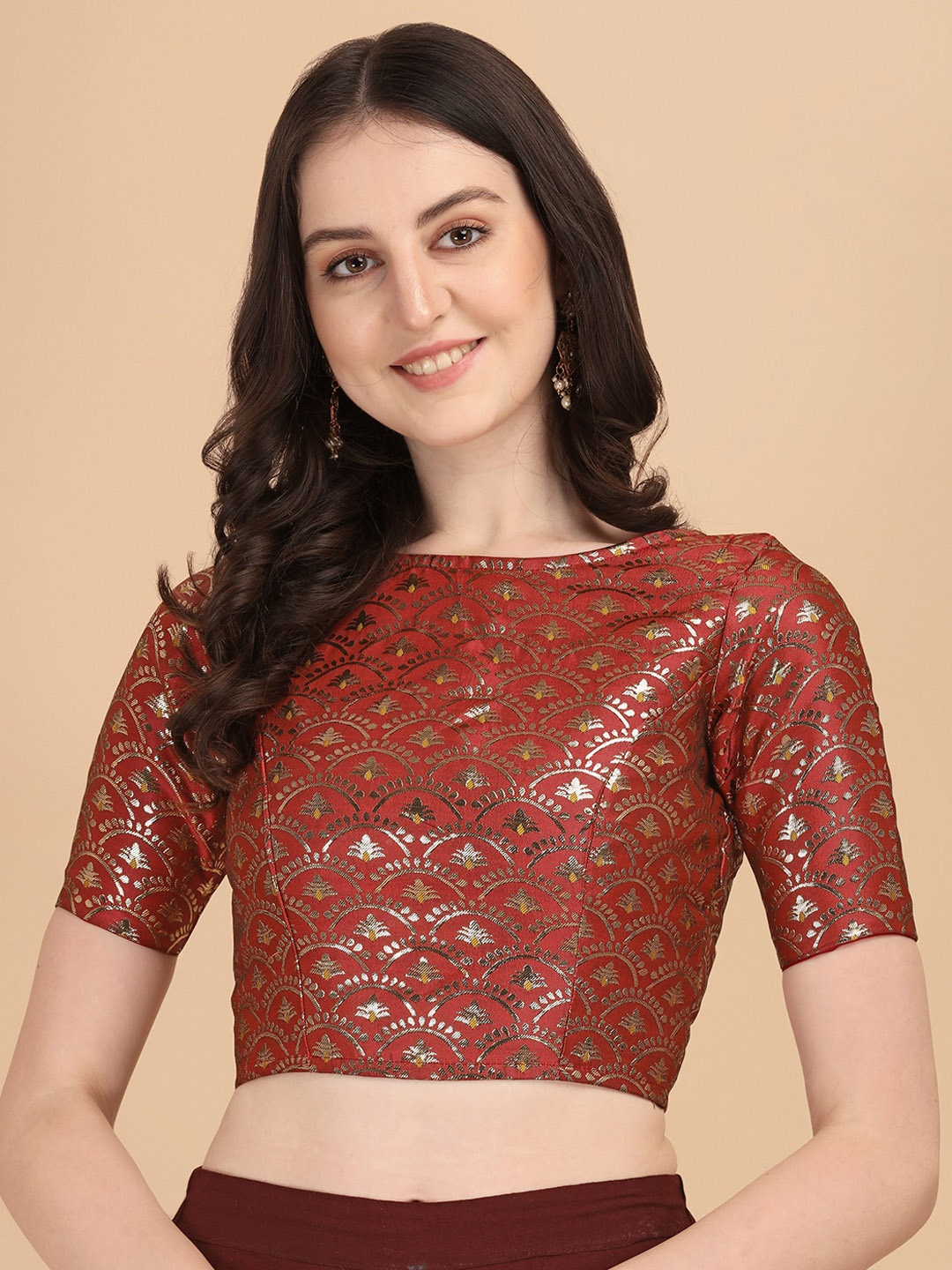 

Oomph! Ethnic Motifs Woven Design Boat Neck Saree Blouse, Orange