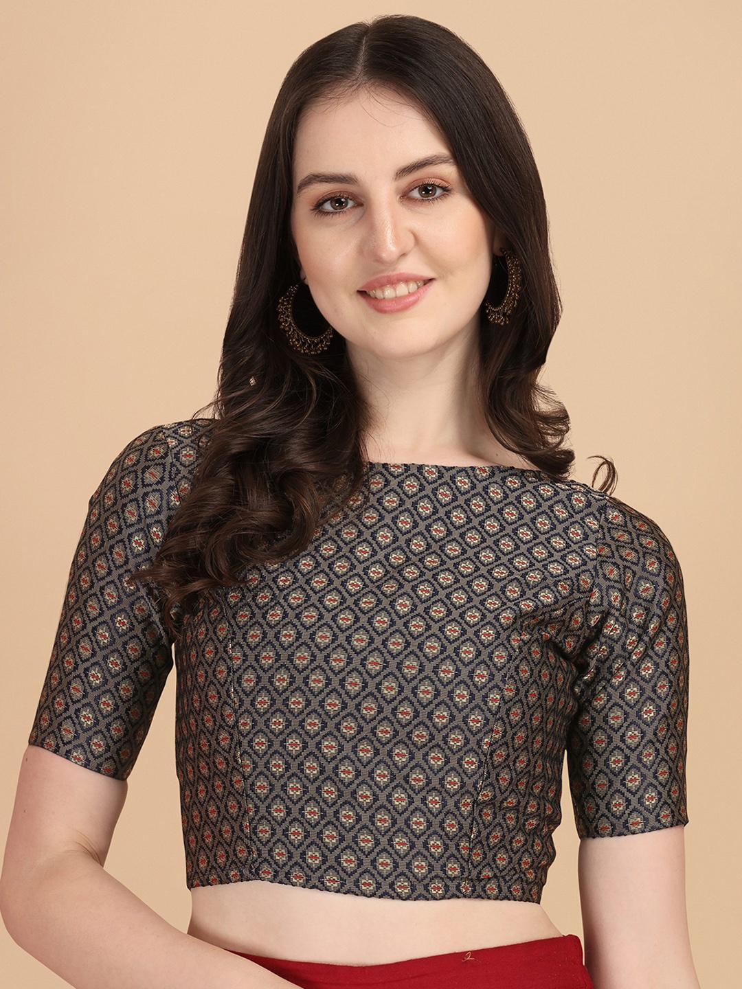 

Oomph! Woven Design Boat Neck Short Sleeve Art Silk Saree Blouse, Navy blue