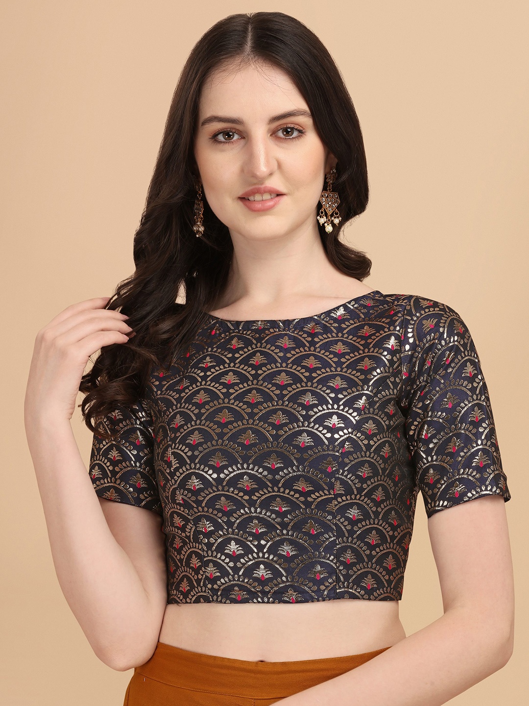 

Oomph! Woven Design Boat Neck Short Sleeve Art Silk Saree Blouse, Navy blue