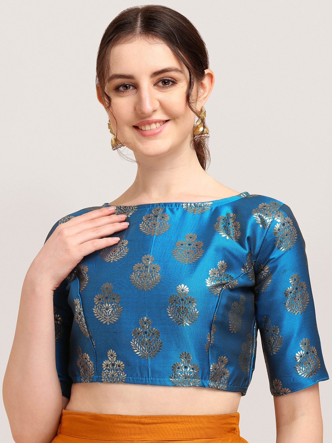

Oomph! Woven Design Boat Neck Saree Blouse, Blue