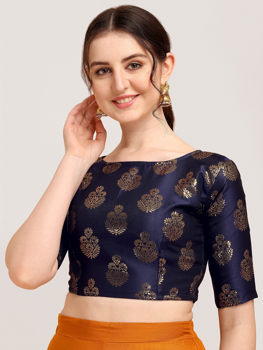 

Oomph! Woven Design Boat Neck Short Sleeve Art Silk Saree Blouse, Navy blue