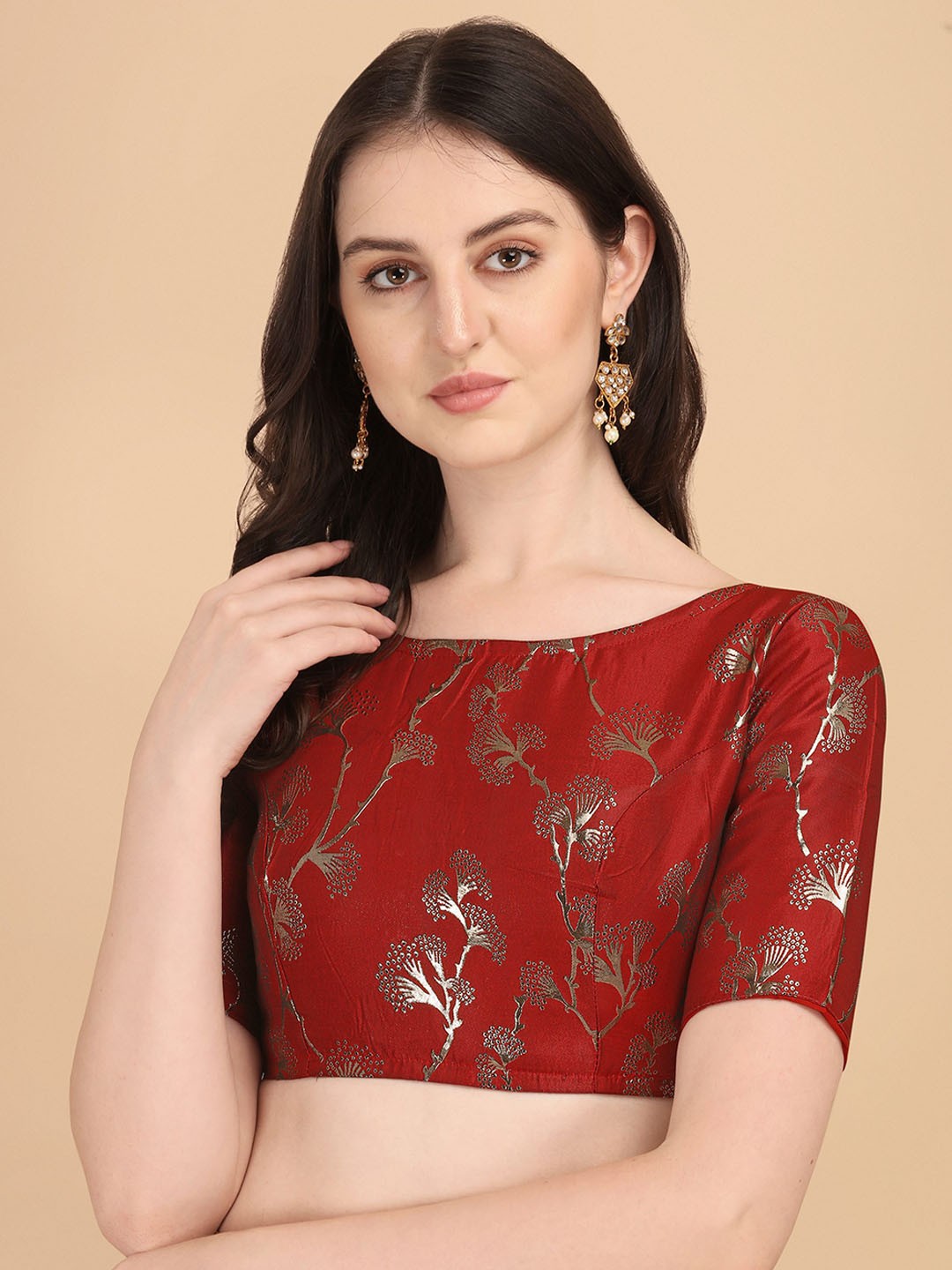 

Oomph! Woven Design Round Neck Short Sleeve Art Silk Saree Blouse, Red