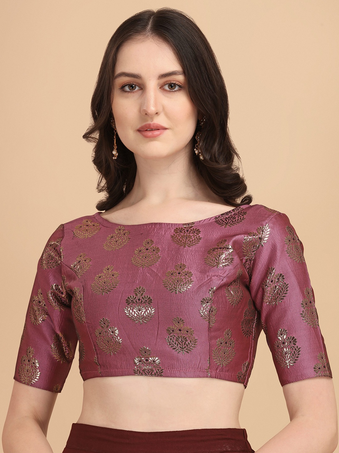 

Oomph! Woven Design Boat Neck Saree Blouse, Pink