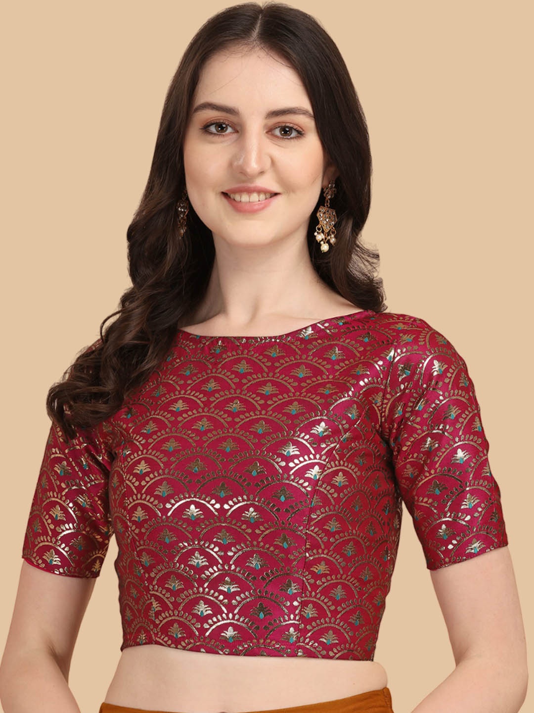 

Oomph! Ethnic Motifs Woven Design Boat Neck Saree Blouse, Red