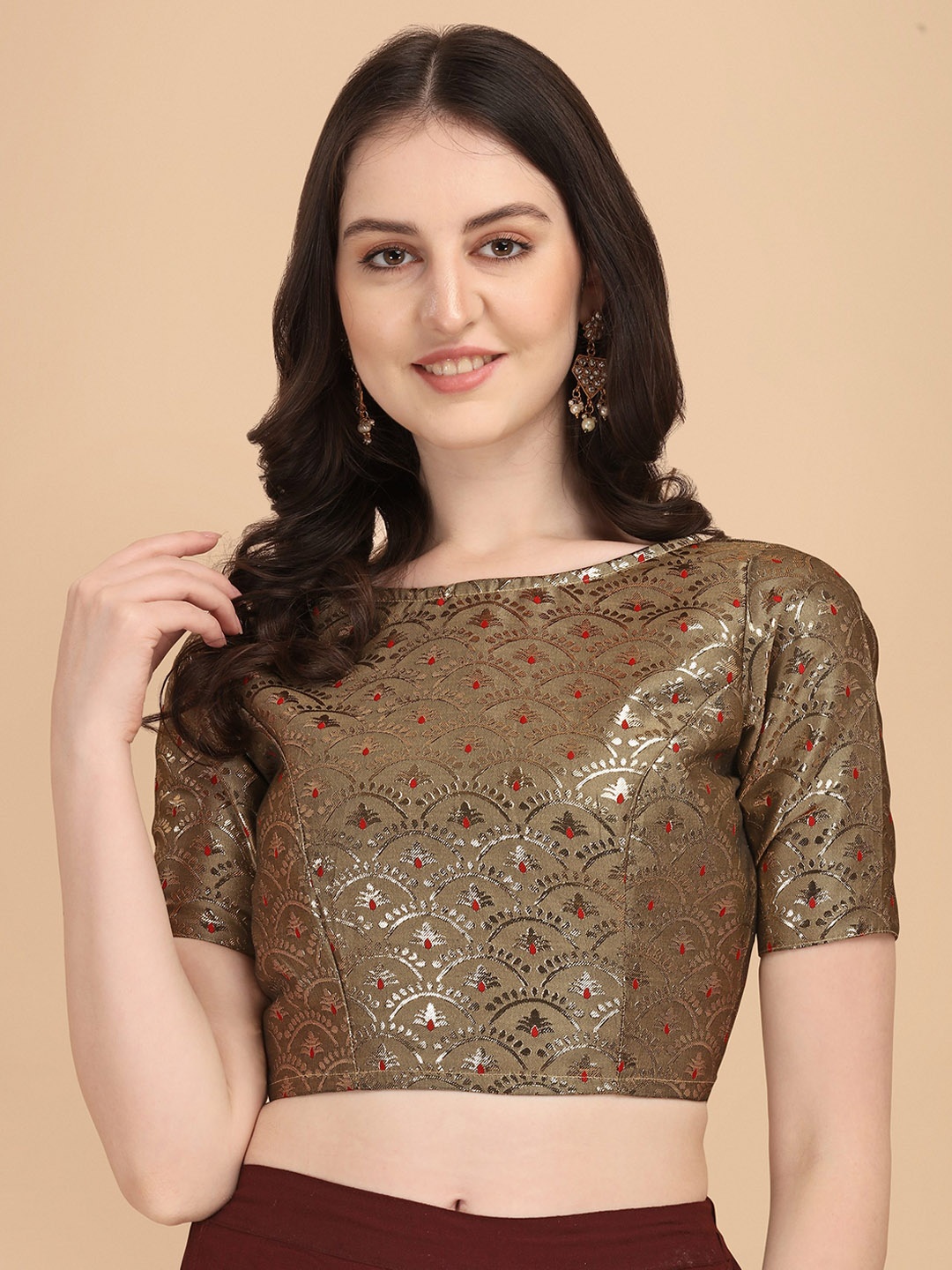 

Oomph! Ethnic Motifs Woven Design Boat Neck Saree Blouse, Gold