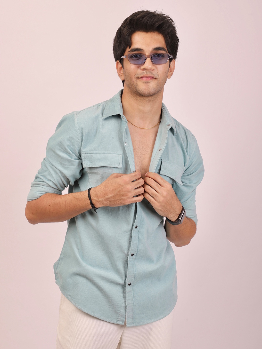

DEZANO Spread Collar Corduroy Casual Shirt, Blue
