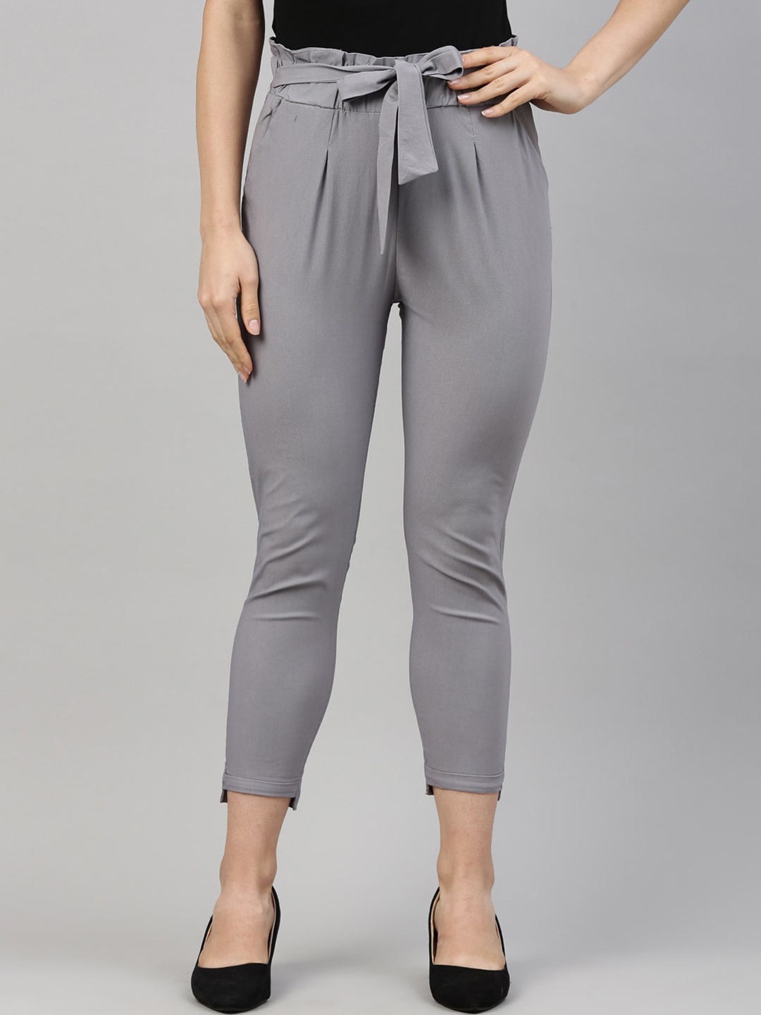 

GOLDSTROMS Women Pleated Cropped Peg Trousers, Grey