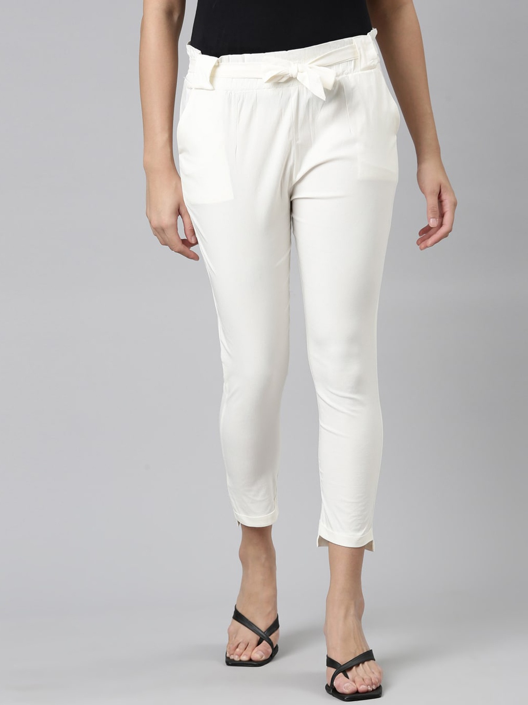 

GOLDSTROMS Women Mid Rise Cropped Peg Trousers, Cream