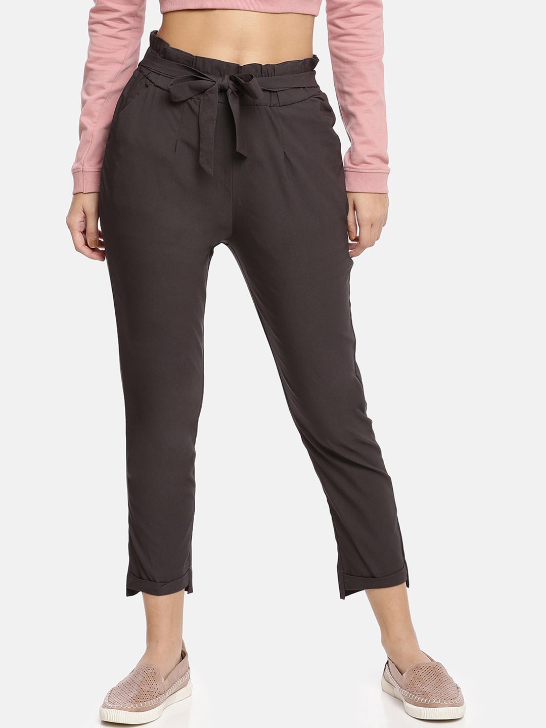 

GOLDSTROMS Women Regular Fit Mid-Rise Trousers, Charcoal