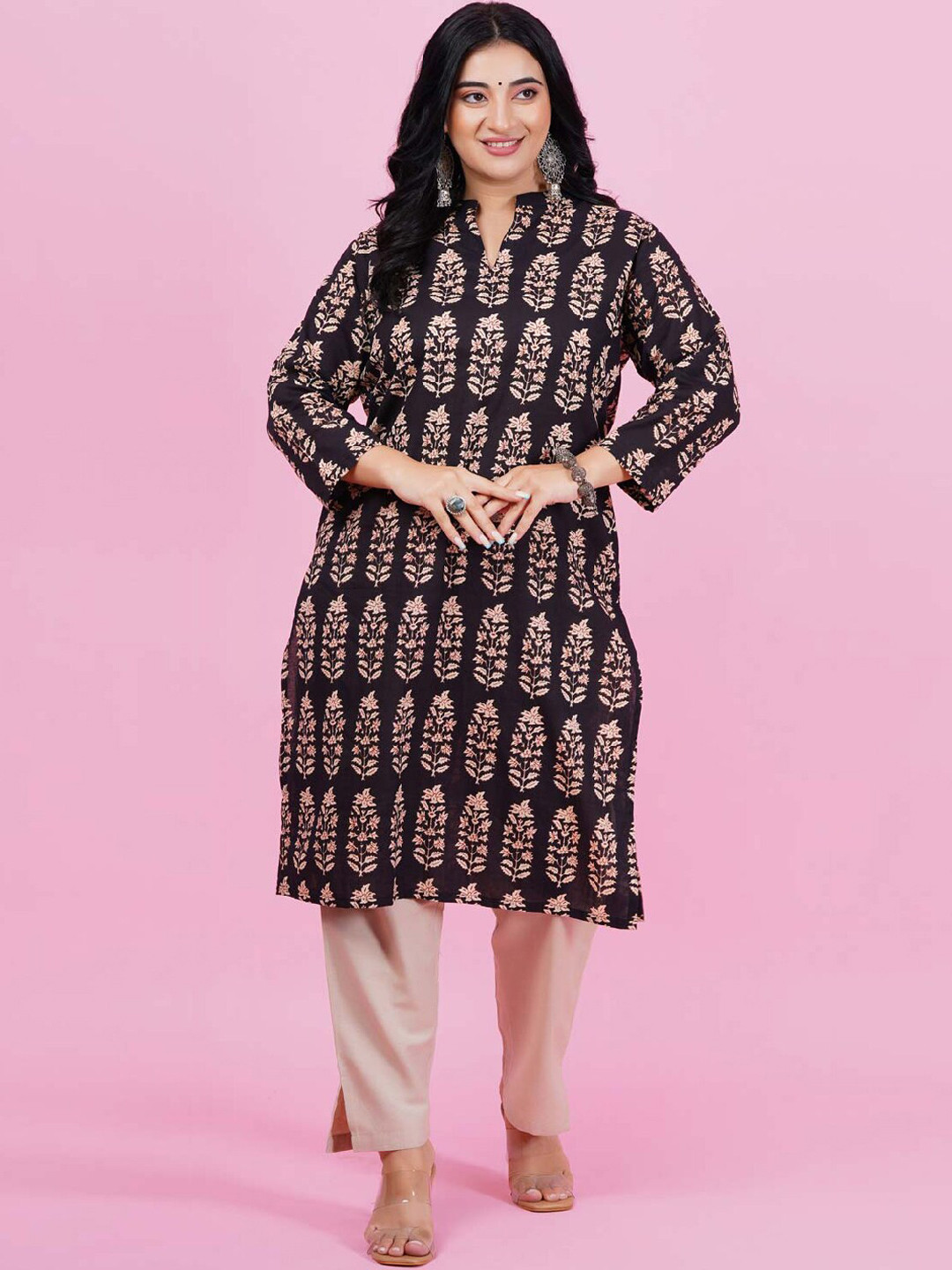 

LastInch Floral Printed Mandarin Collar Cotton Straight Kurta, Black