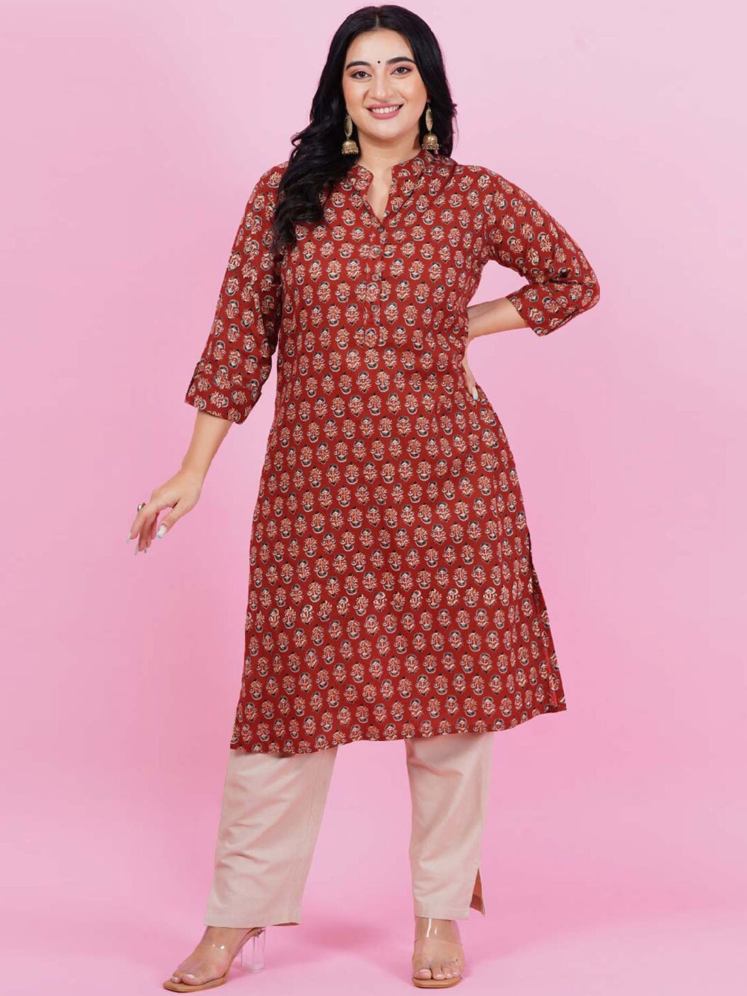 

LastInch Floral Printed Mandarin Collar Straight Kurta, Brown