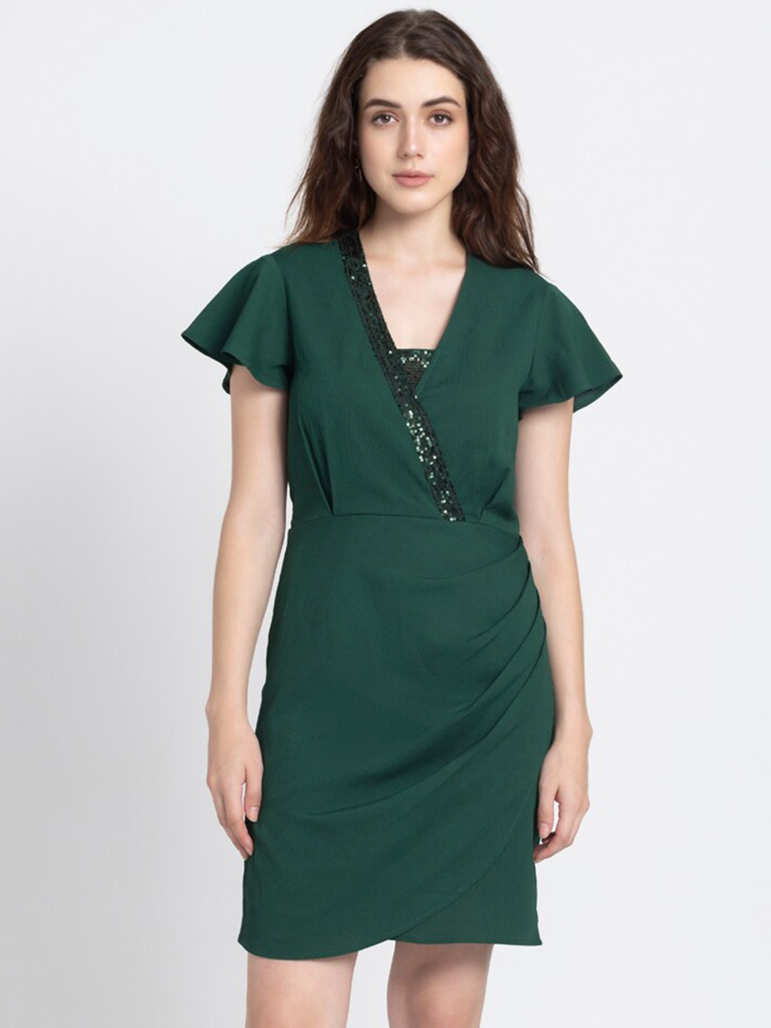 

SHAYE V-Neck Flared Sleeves Embellished Detail Sheath Dress, Green