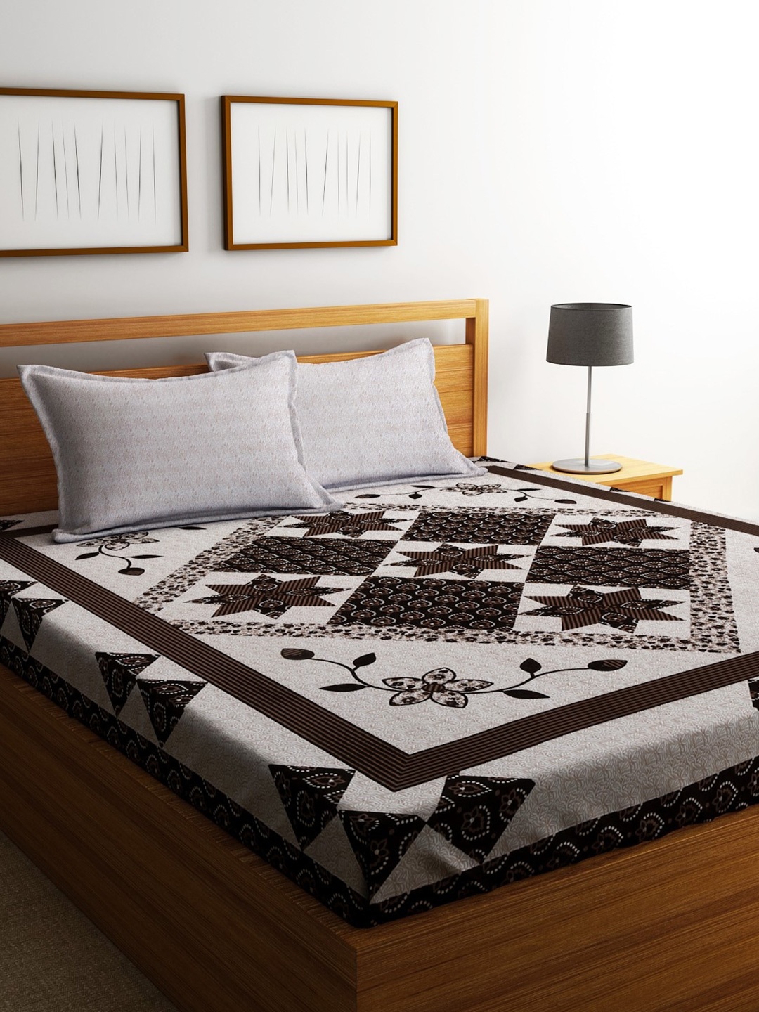 

Home Sizzler Brown & White Ethnic Motifs Microfibre 210 TC Queen Bedsheet With 2 Pillow Covers