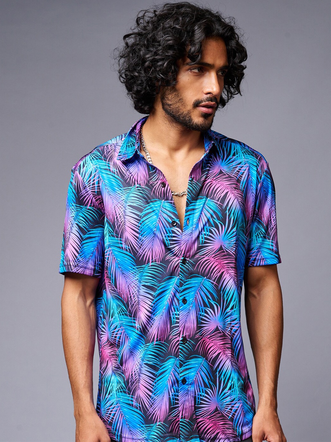 

GO DEVIL Tropical Printed Casual Shirt, Black