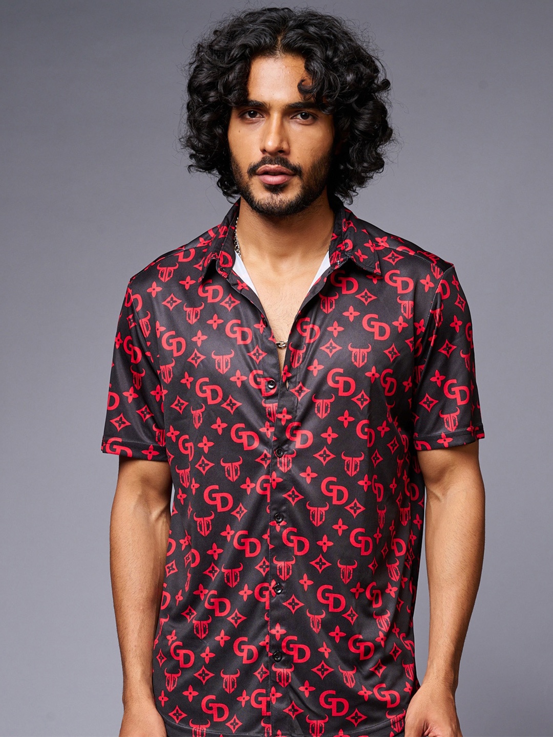 

GO DEVIL Opaque Brand Logo Printed Casual Shirt, Black