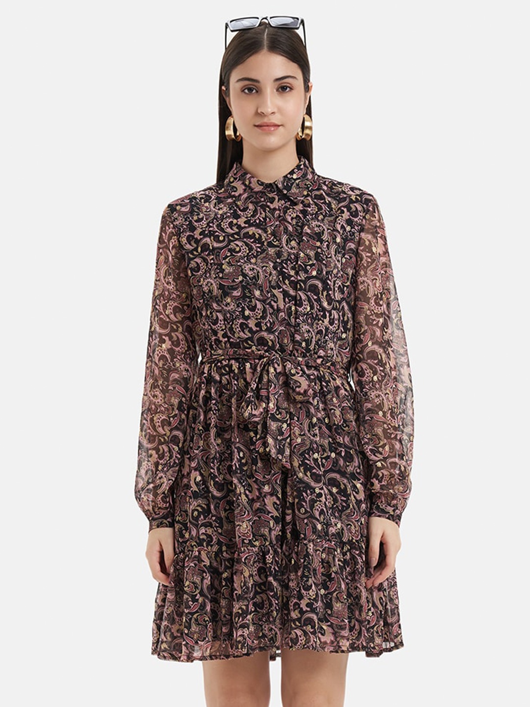 

Kazo Ethnic Motifs Printed Shirt Collar Tiered Chiffon Shirt Dress, Black