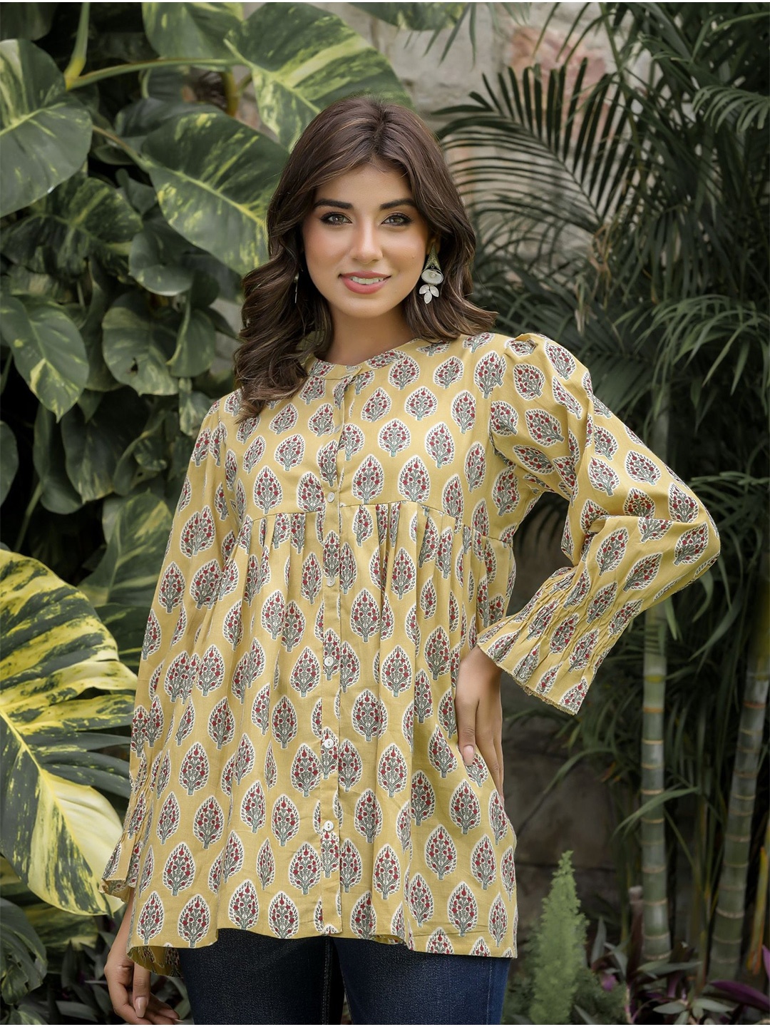 

KAAJH Floral Printed Mandarin Collar Long Sleeves Gathered Cotton Tunic, Yellow