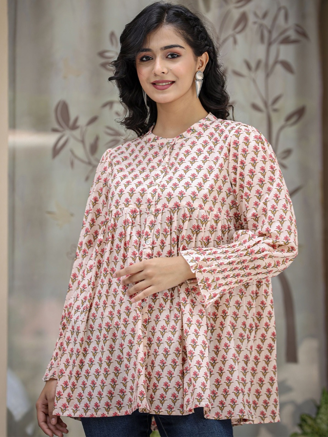 

KAAJH Floral Printed Mandarin Collar Long Sleeves Gathered Cotton Tunic, Beige