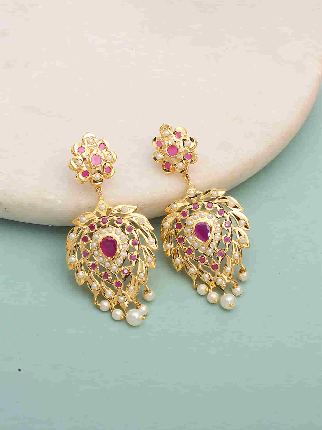 

Mirana Gold Plated Ruby Studded Drop Earrings