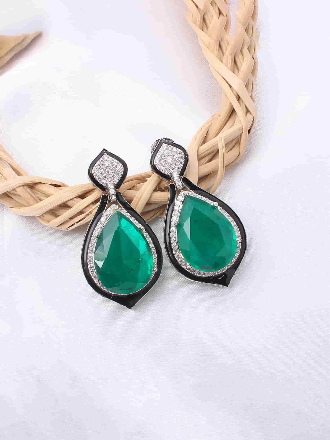

Mirana Rhodium Plated Emerald Studded Drop Earrings, Silver