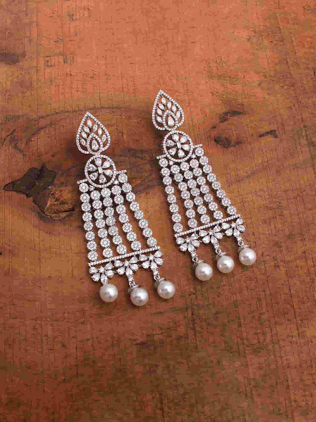 

Mirana Rhodium Plated Cubic Zirconia Studded Drop Earrings, Silver