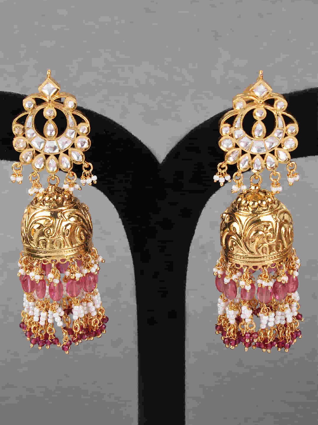 

Mirana Gold Plated Kundan Studded & Beaded Jhumkas