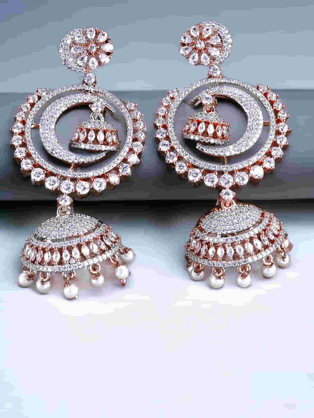 

Mirana Rose Gold Plated Cubic Zirconia Studded Jhumkas