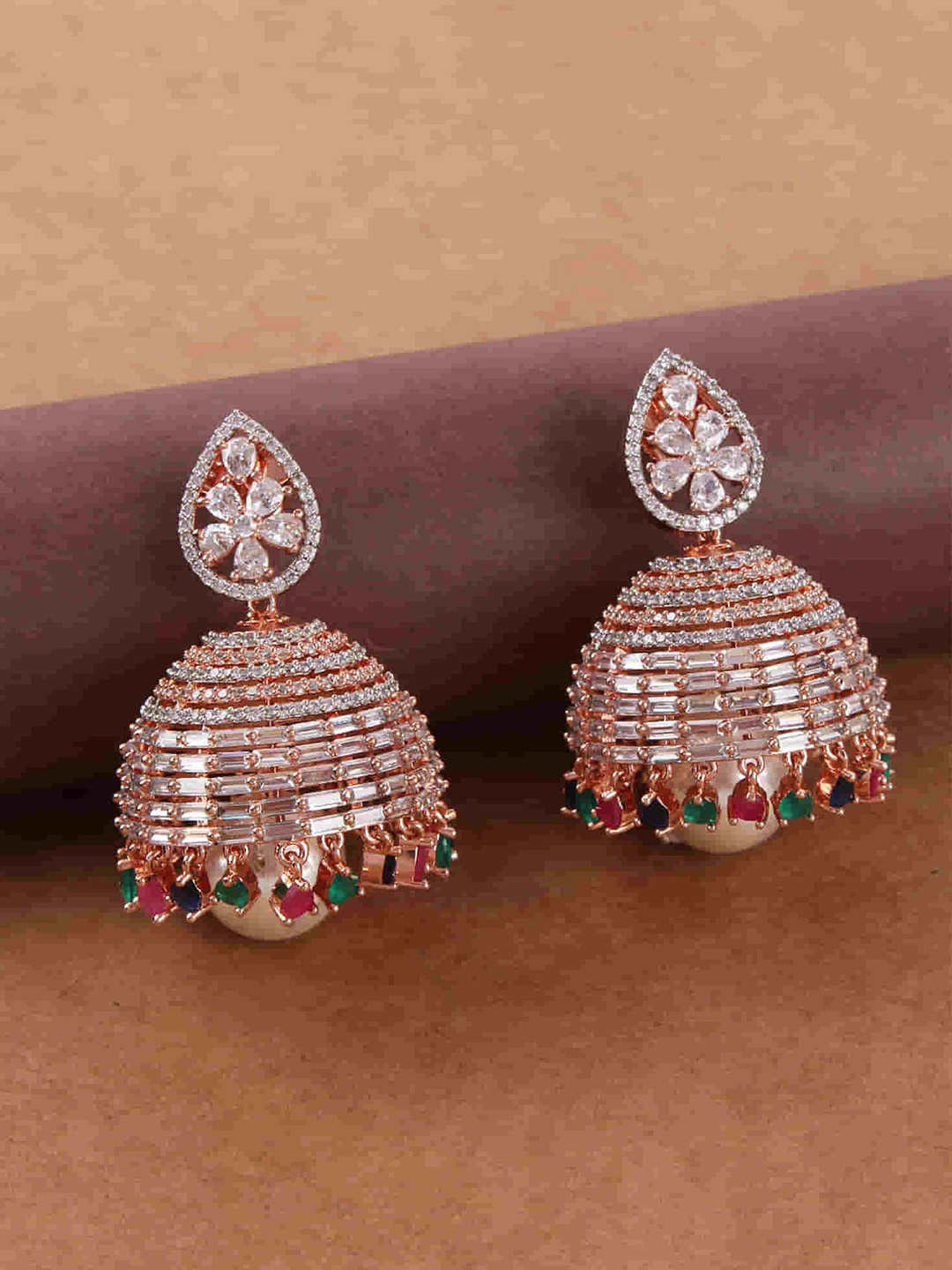 

Mirana Rose Gold Plated Cubic Zirconia Stone Studded Jhumkas